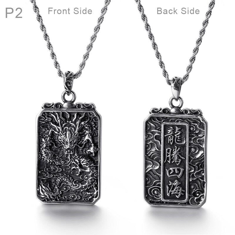 Fongten Vintage China Dragon Stainless Steel Hip Hop Chain Black Double Side Blessing Pendant Necklace Men Jewelry