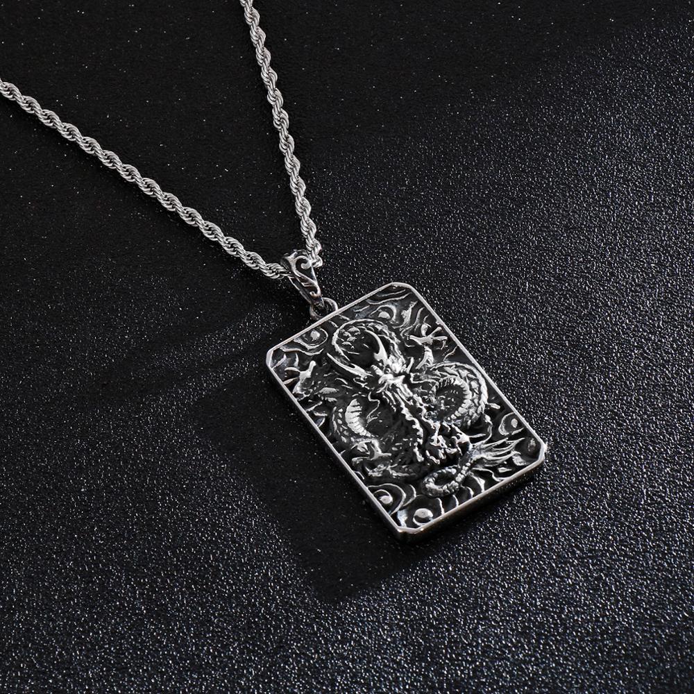 Fongten Vintage China Dragon Stainless Steel Hip Hop Chain Black Double Side Blessing Pendant Necklace Men Jewelry