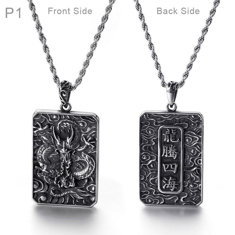 Fongten Vintage China Dragon Stainless Steel Hip Hop Chain Black Double Side Blessing Pendant Necklace Men Jewelry