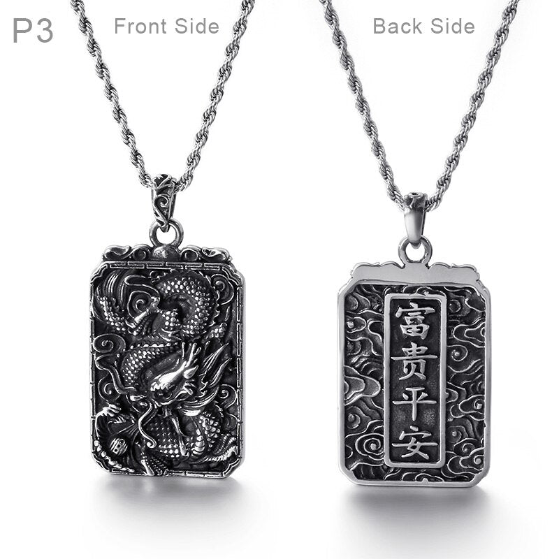 Fongten Vintage China Dragon Stainless Steel Hip Hop Chain Black Double Side Blessing Pendant Necklace Men Jewelry
