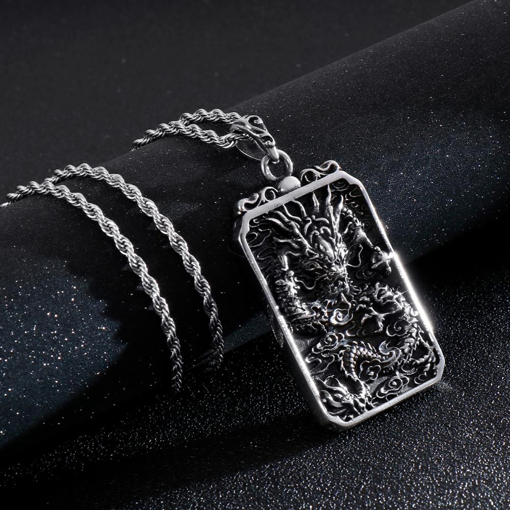 Fongten Vintage China Dragon Stainless Steel Hip Hop Chain Black Double Side Blessing Pendant Necklace Men Jewelry