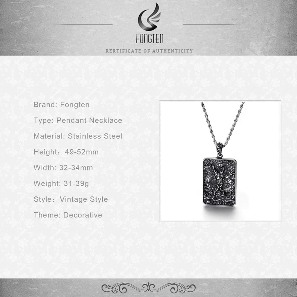 Fongten Vintage China Dragon Stainless Steel Hip Hop Chain Black Double Side Blessing Pendant Necklace Men Jewelry