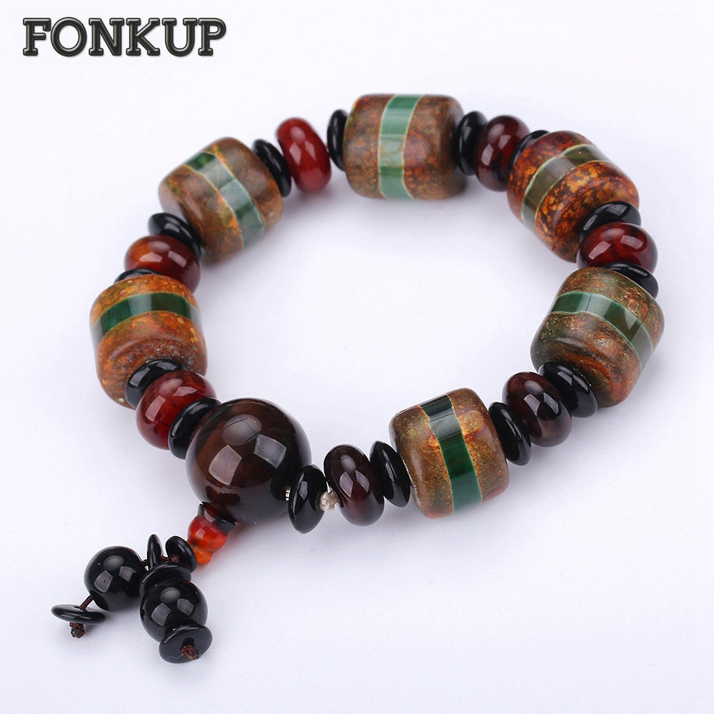 Colorful Strand Bracelets Punk Men Bangle Agate Gem Jewelry Anniversary Geometric Cylinder Chain Round Spacer Leather Bag