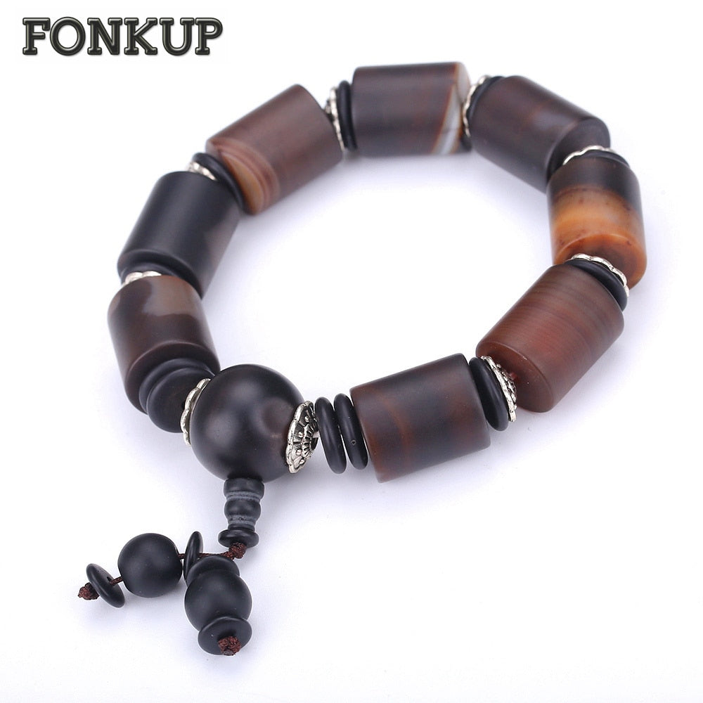 Geometric Cylinder Bracelets Vintage Men Wristband Black Agate Stone Jewellery Party Black Beads Accessories Round Spacer