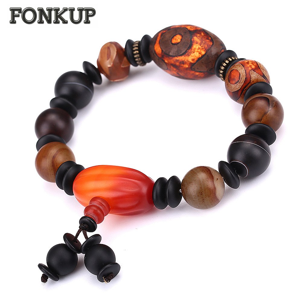 Men Charm Bracelets Agate Stone Bead Fine Jewelry Tibetan Dzi Beads Accessories Scrub Ornaments Black Spacer Beaded Reiki