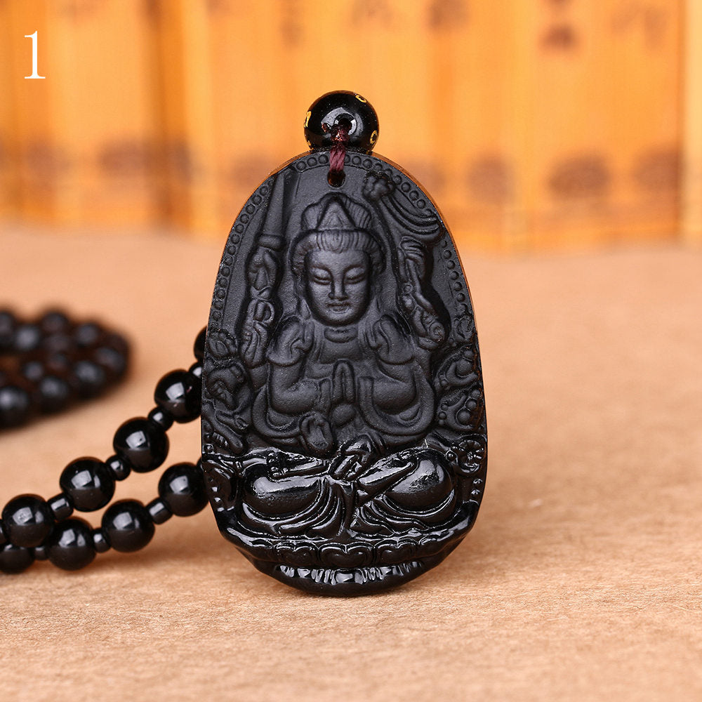 Men Long Necklace Obsidian Pendant Women Younoble Jewellery Blessing Buddha Accessories Vintage Beaded Bijoux Handmade