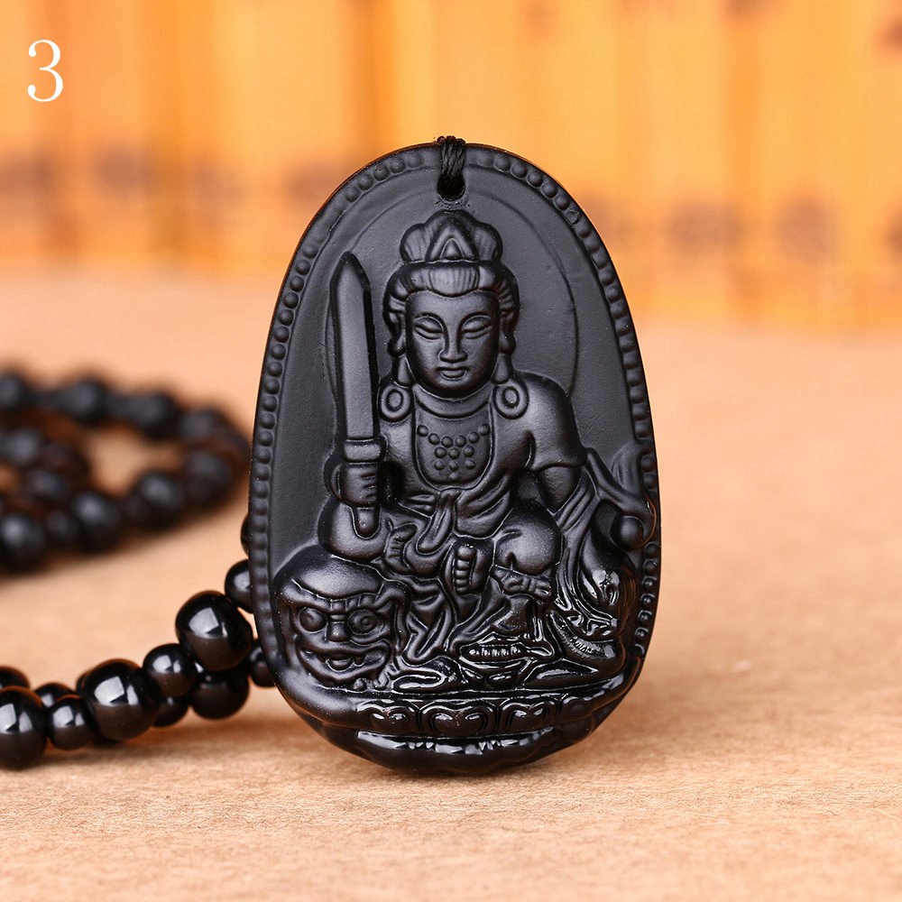 Men Long Necklace Obsidian Pendant Women Younoble Jewellery Blessing Buddha Accessories Vintage Beaded Bijoux Handmade