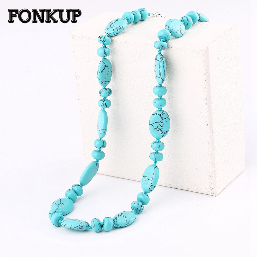 Natural Turquoise Necklaces Punk Women Bead Chain Stone Gem Female Fine Jewellery Irregular Geometry Colar Masculino Gift