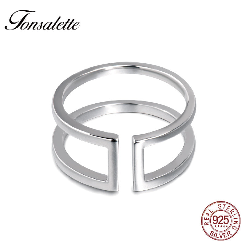 Simple Shinning Mother's D 925 Sterling Silver Open Ring Double Line Bar Ring Parallel Bar Ring   ZK30