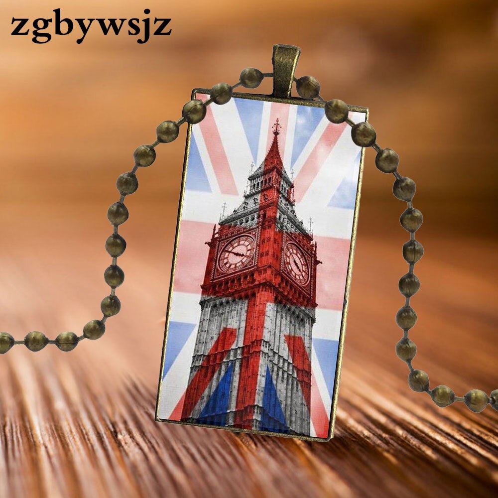 For Unisex Party Gift Brand Steel Color Jewelry Statement Necklace Glass Necklaces Pendants British London Map Flag