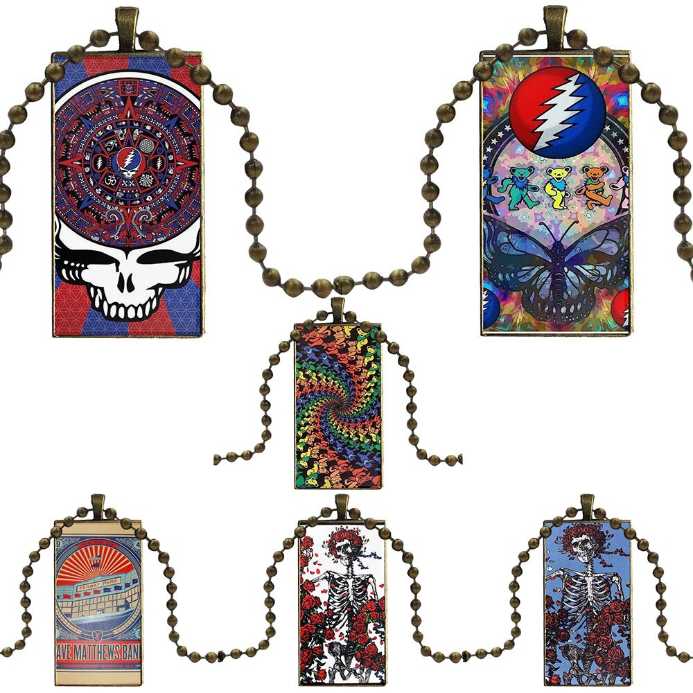For Women Wedding Glass Cabochon Pendant Necklace Women Steel Color Choker Rectangle Necklace Grateful Dead Band Pattern