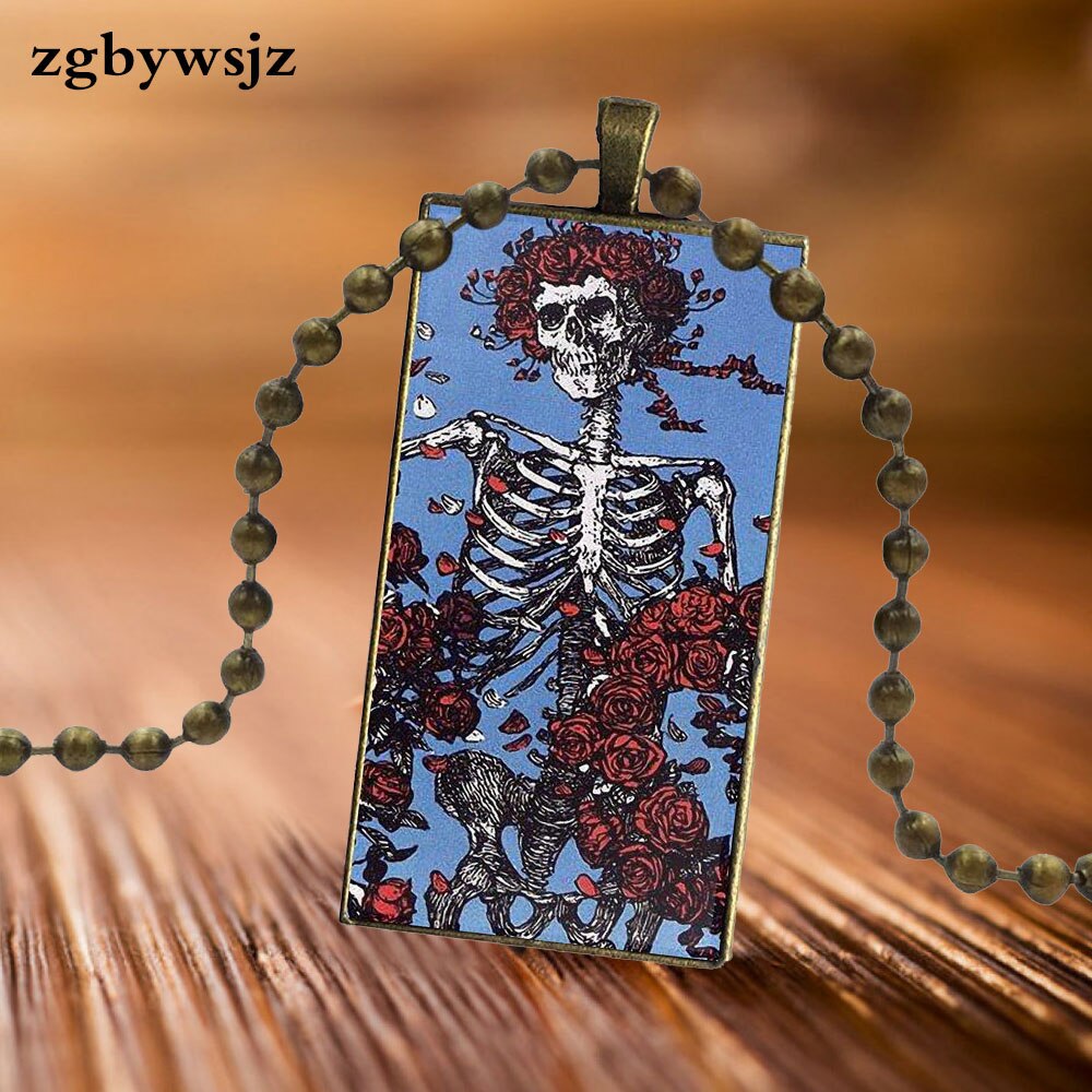 For Women Wedding Glass Cabochon Pendant Necklace Women Steel Color Choker Rectangle Necklace Grateful Dead Band Pattern