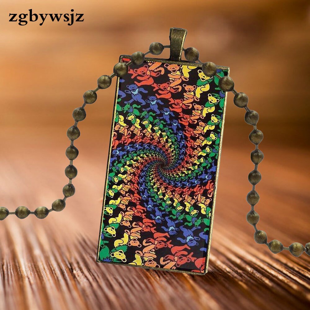 For Women Wedding Glass Cabochon Pendant Necklace Women Steel Color Choker Rectangle Necklace Grateful Dead Band Pattern