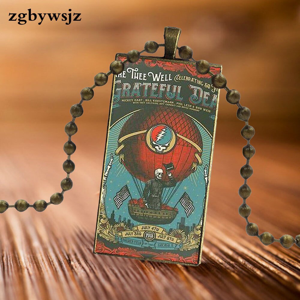 For Women Wedding Glass Cabochon Pendant Necklace Women Steel Color Choker Rectangle Necklace Grateful Dead Band Pattern