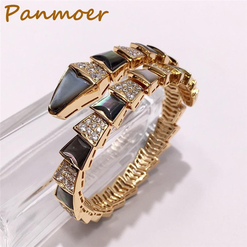 Foreign trade hot sell copper plated gold exquisite snake shaped crystal shell multi section open bracelet fashion fine jewelry