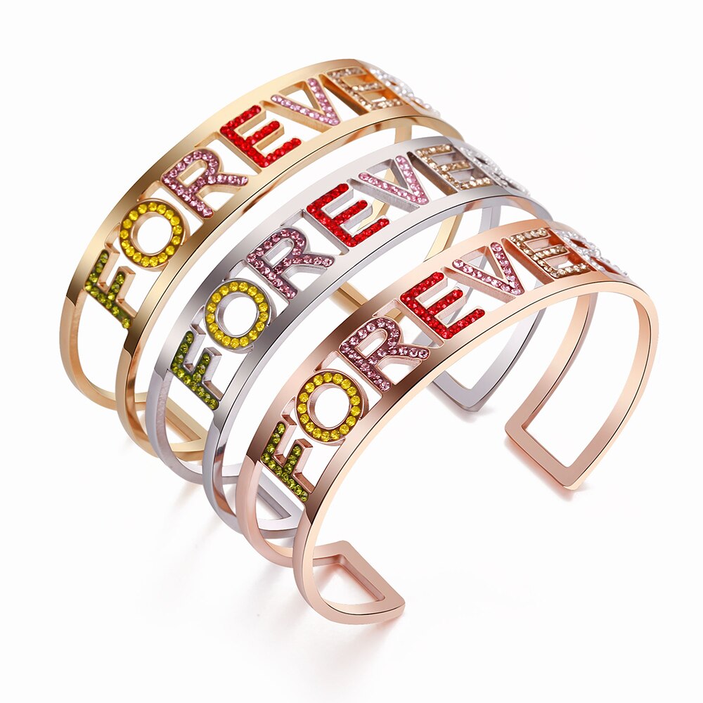 Forever Lover Friend Letter Open Bangles For Woman Colorful Rhinestone Hollow Bracelet&amp;Bangles Trendy Jewelry Gifts 2022