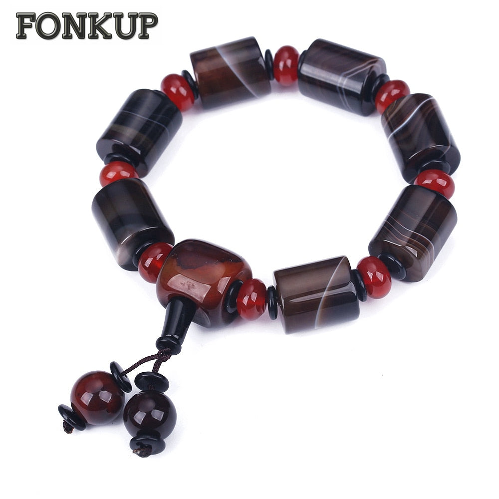 Forkup Agate Charm Bracelets Ethnic Men Pulseira Geometric Cylinder Jewellery Anniversary Red Crystal Beaded Accessories Spacer