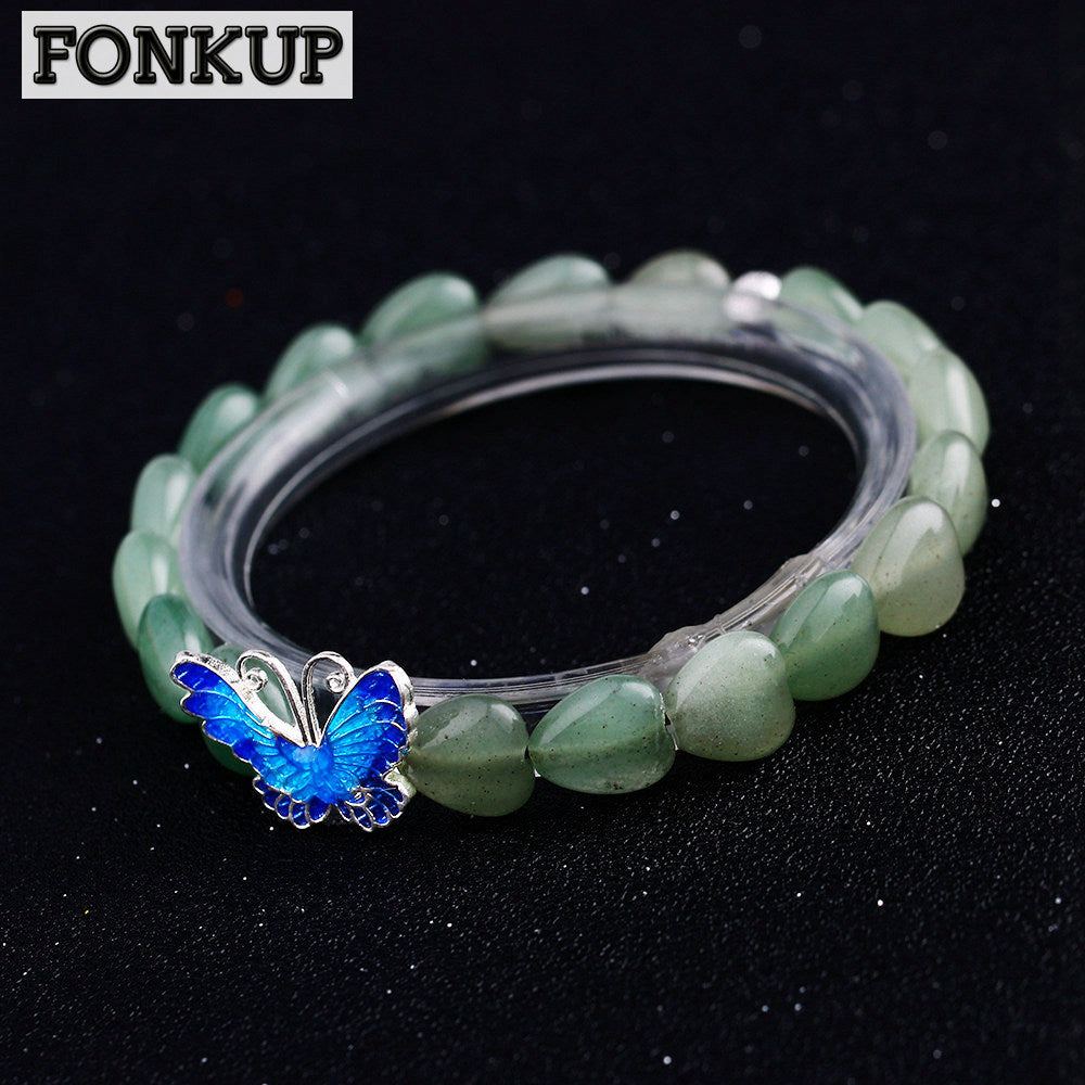Forkup Aventurine Jade Bracelet Vintage Women Hand Chains Heart Bead Jewelry Transparent Crystal Bijuterias 925 Silver Butterfly