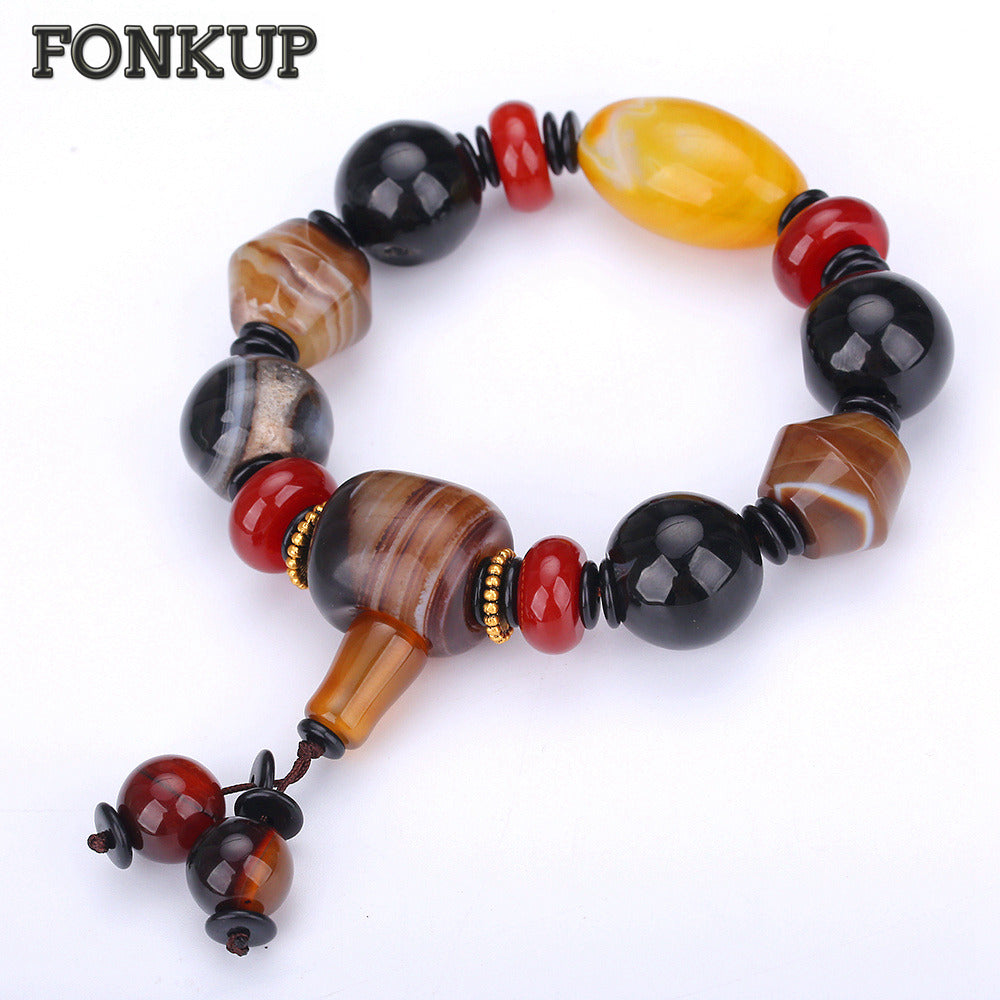 Forkup Black Agate Bangle Trendy Men Charm Bracelet Engagement Jewelry Natural Yellow Crystal Accessories Geometric Spacer Reiki