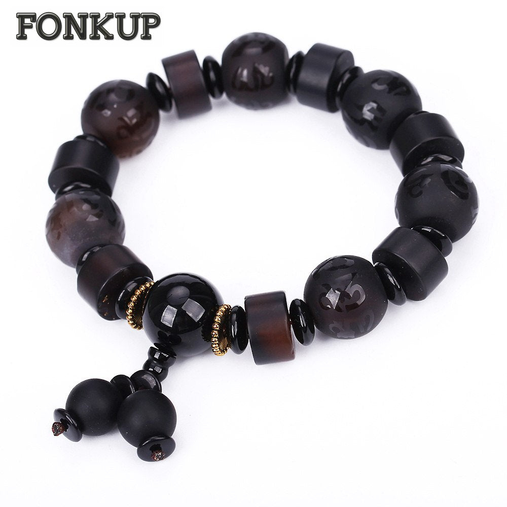 Forkup Black Agate Bracelet Bead Chain Men Strand Bangle Geometric Cylindrical Jewellery Natural Spacer Crytall Multifunctional