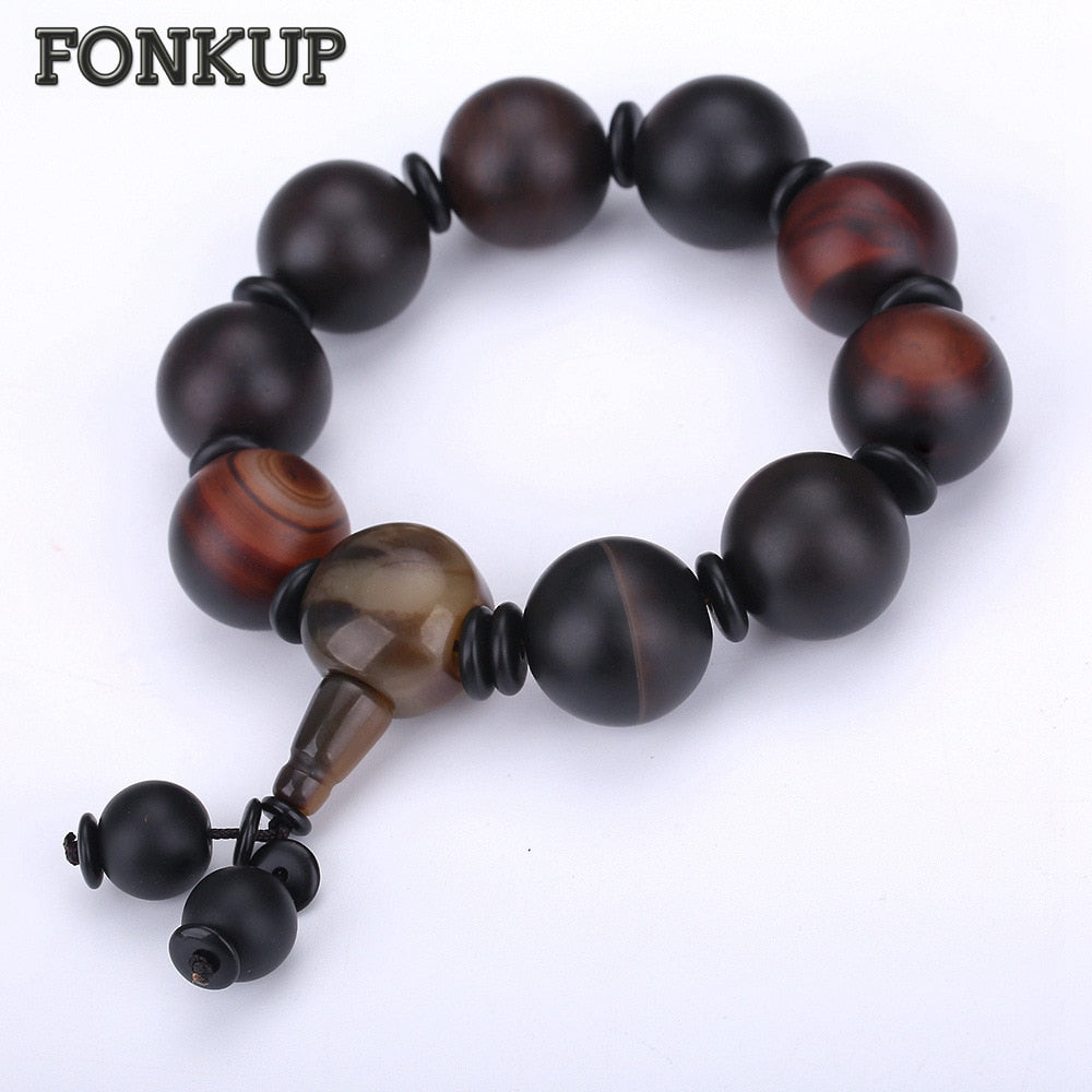 Forkup Black Agate Strand Bracelets Punk Men Bangle Round Beaded Chain Party Jewelry Frosted Bead Original Horseshoe Minecraft
