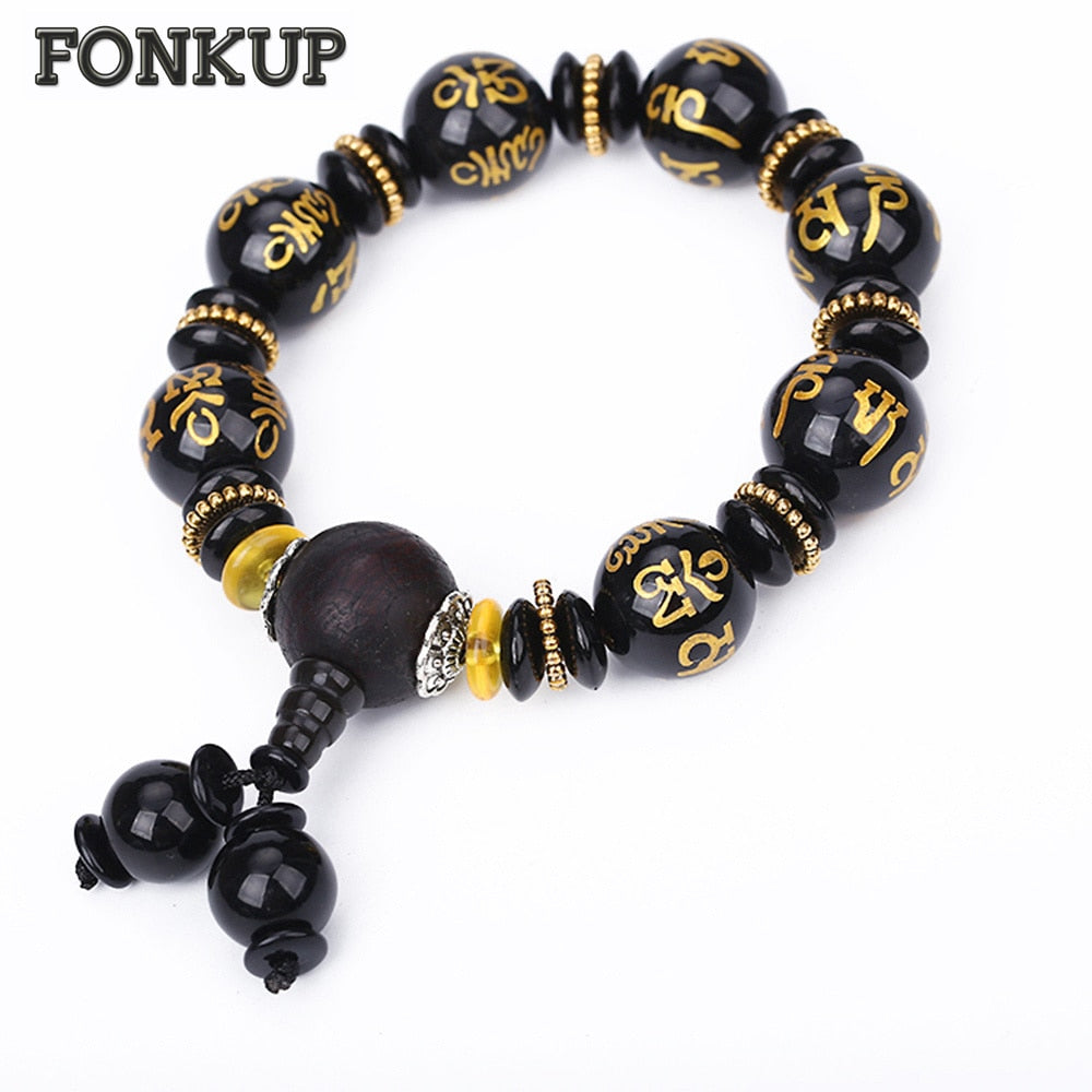 Forkup Black Agate Wristlet Punk Men Charm Bracelets Round Beaded Hand Chain Male Wedding Jewelry Sculpture Beading Character
