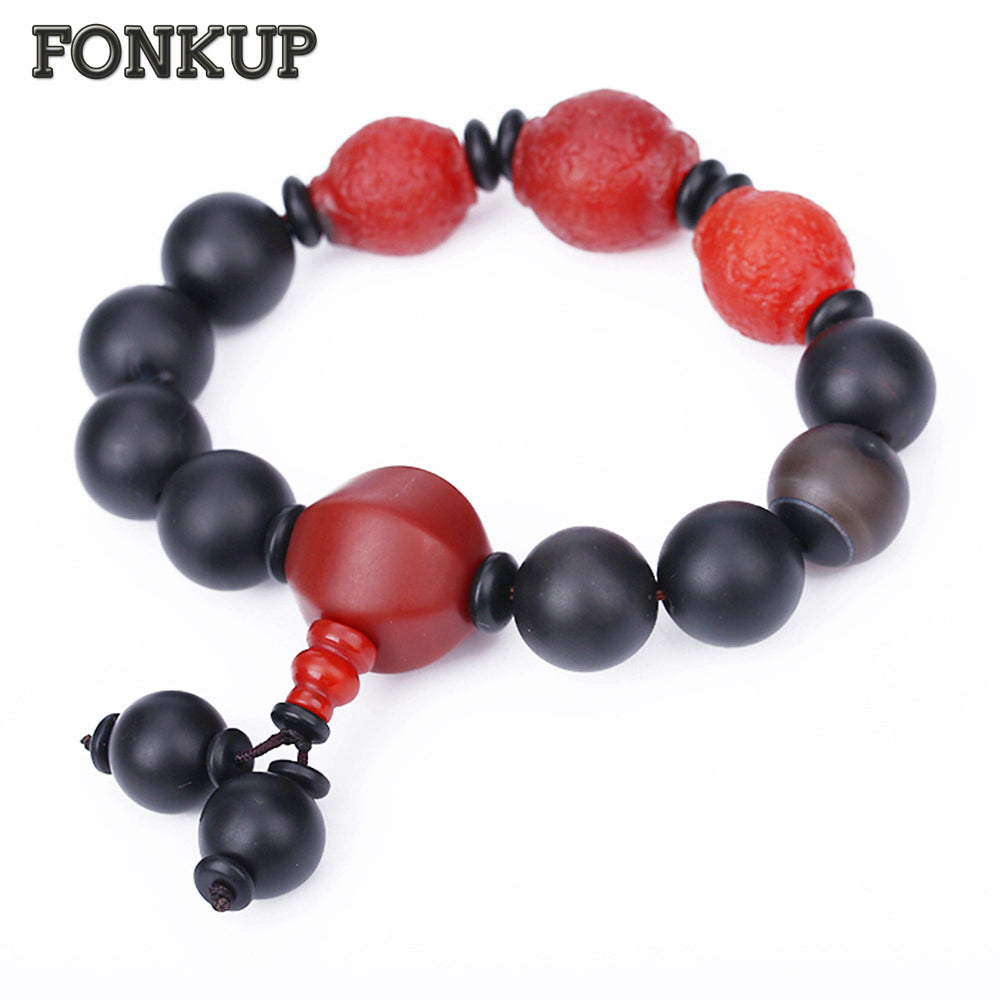 Forkup Black Bead Pulseira Agate Chain Bracelets Gothic Men Hand Chain Beaded Accessories Round Spacer Nail Head Stone Zodiac
