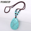 Forkup Blue Turquoise Necklaces Bohemia Women Ornaments Oval Stone Natural Chain Statement Pendant Jewellery Rope Anniversary