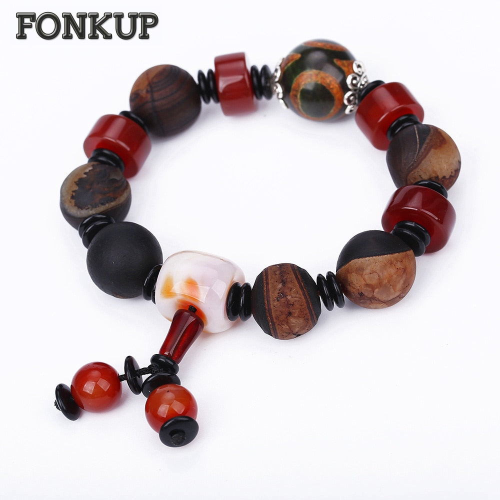 Forkup Bohemia Men Bangle Agate Charm Bracelets Engagement Male Jewellery Round Bead Hand Chain Multicolor Charms Survival