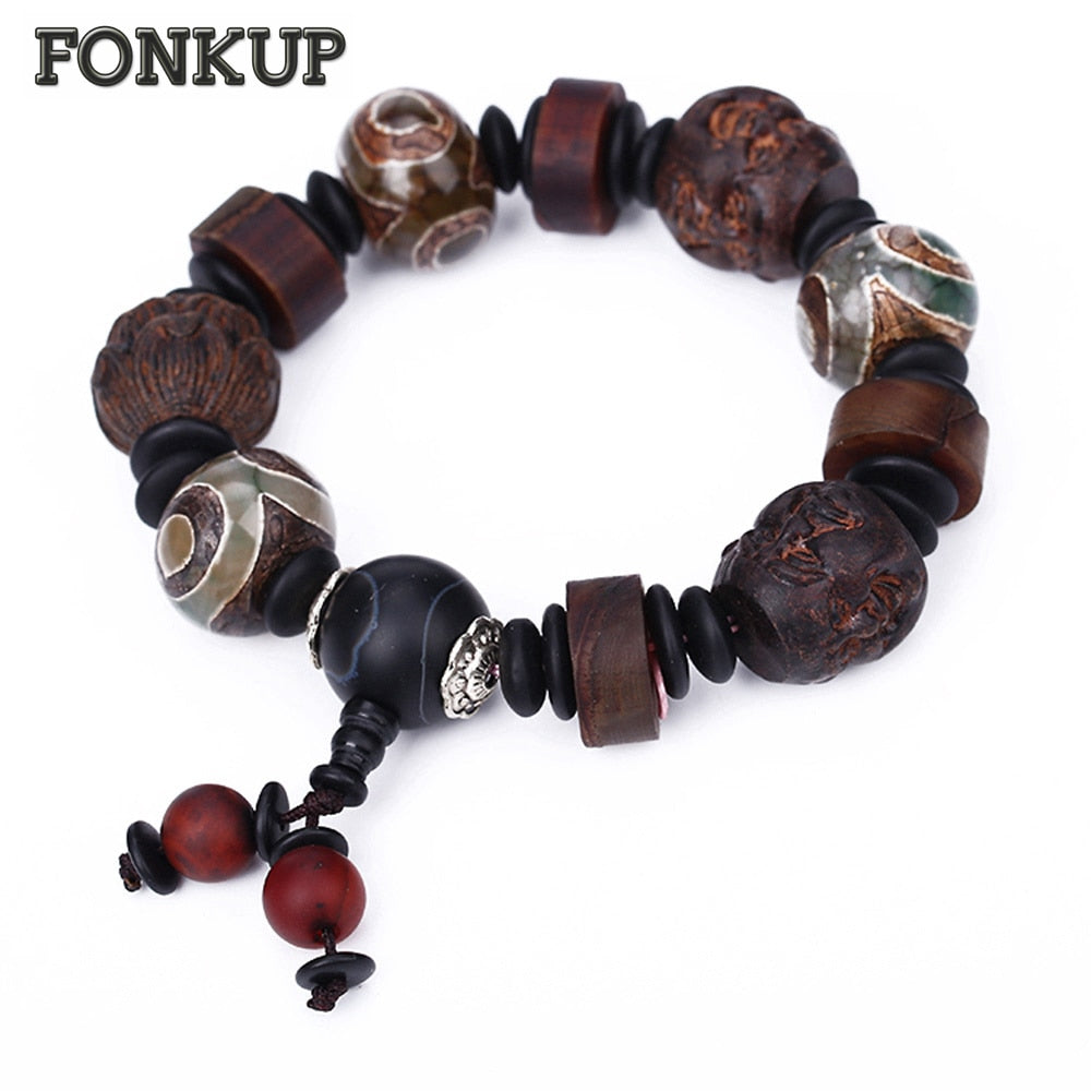 Forkup Dzi Beads Agate Jewellery Classic Men Charm Bracelets Handwork Sculpture Bangle Character Geometric Accessories Spacer