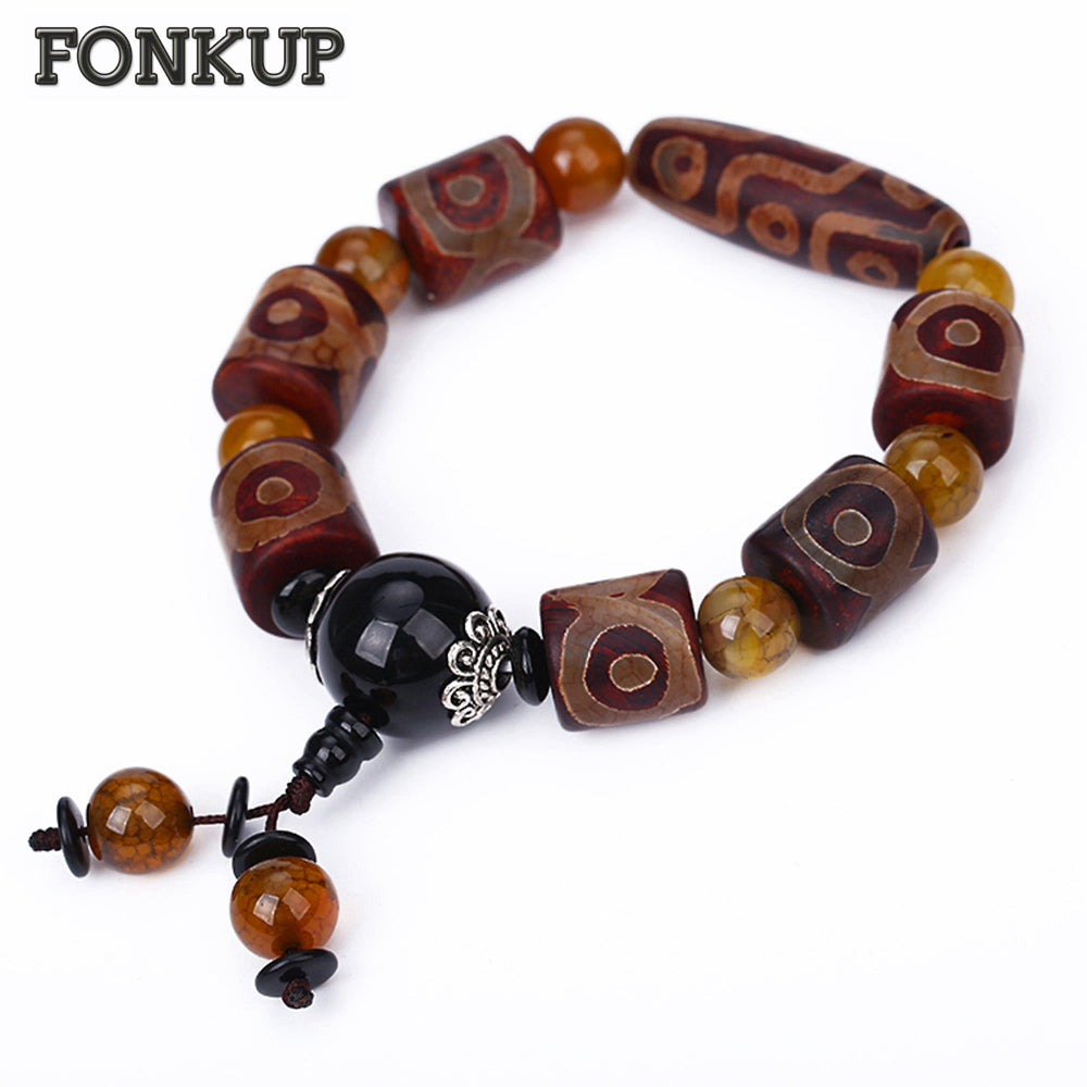 Forkup Dzi Beads Bangle Red Agate Hologram Bracelet Men Religious Jewelry Tibetan Buddhism Round Crystal Beaded Chain Stretch