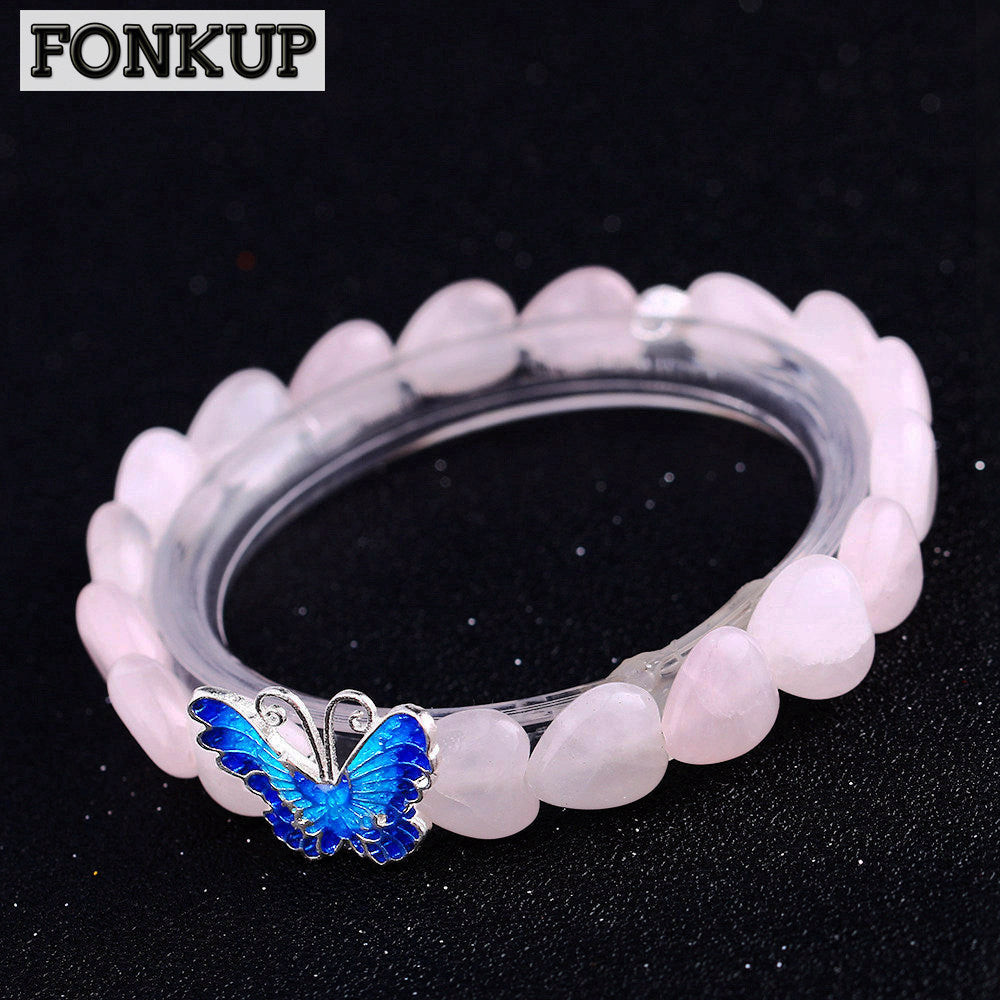 Forkup Fine Bracelets Women Pink Bangle Rose Quartz Heart Chain Jewellery Party Romantic Accessories Silver Butterfly Woven Bead