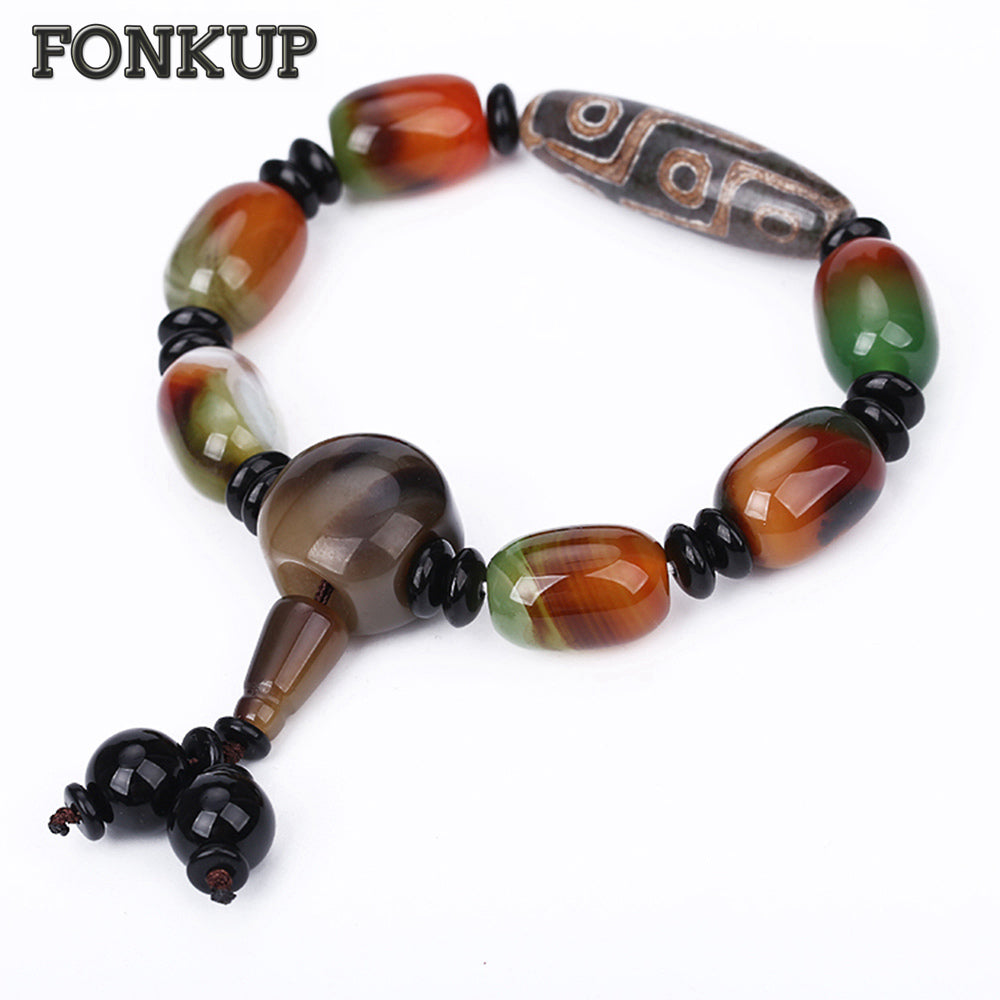 Forkup Green Agate Wristband Men Strand Bracelets Vintage Geometric Hand Chain Irregular Stone Jewellery Dzi Beads Accessories
