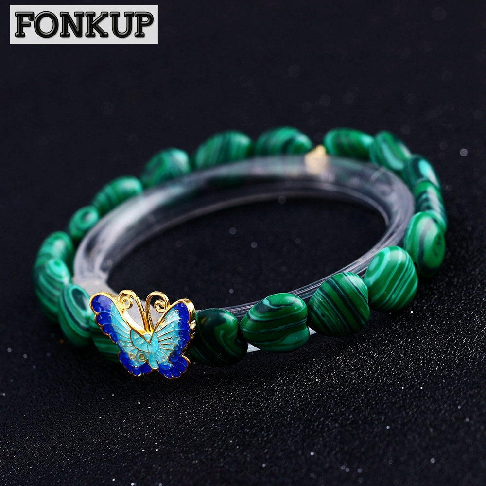 Forkup Green Malachite Bracelets Punk Women Wristband Stripe Heart Fine Jewelry Engagement 925 Silver Accessories Butterfly Gift