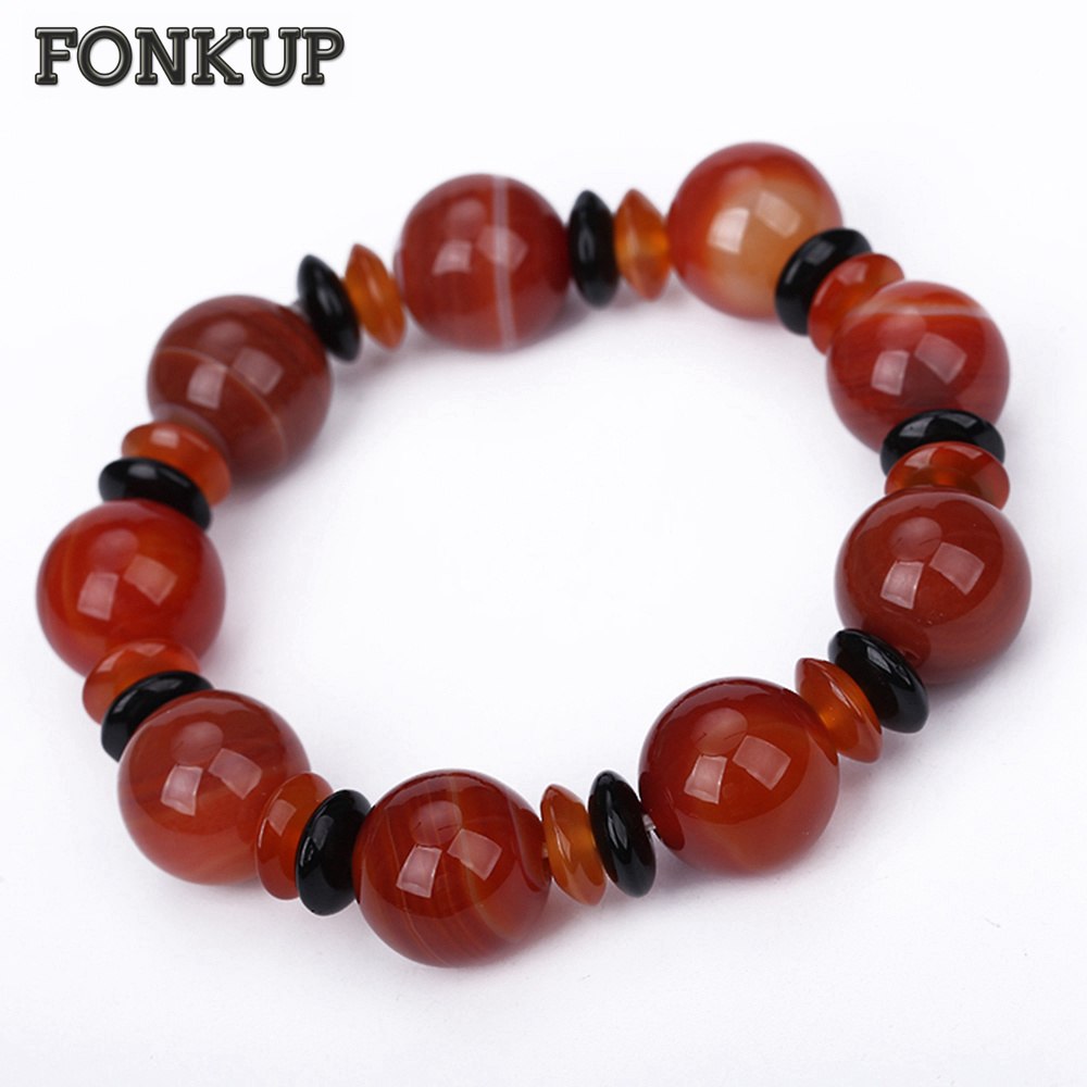 Forkup Men Red Bangle Agate Beaded Chain Bracelets Ethnic Round Hand Chain Male Anniversary Jewellery Tassels Chakra Boheme Gift