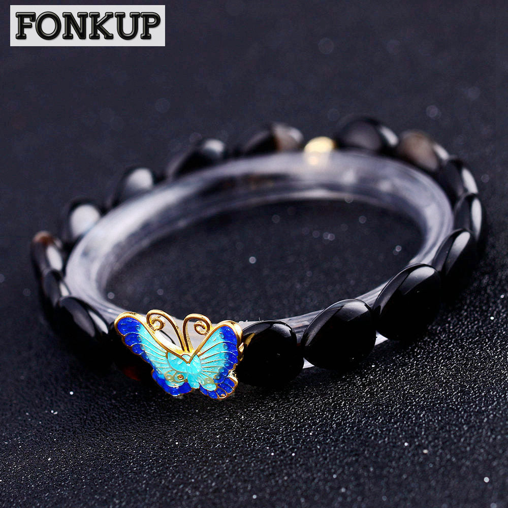 Forkup Obsidian Bangle Punk Women Anklet Bracelet Strand Heart Engagement Jewelry Couple Silver Bead Accessories Color Butterfly