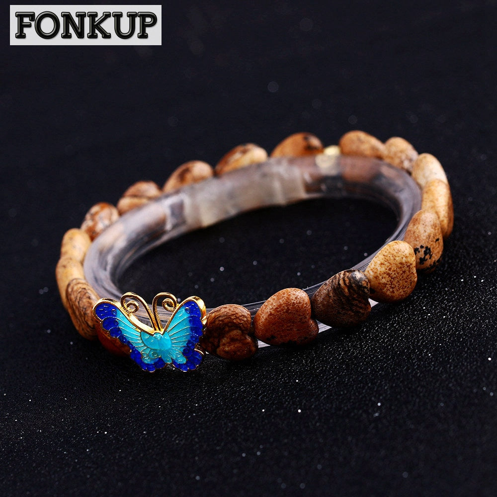 Forkup Picture Stone Bracelets Ethnic Women Hand Chain Strength Jewellery Female 925 Silver Gioielli Party String Heart Beading