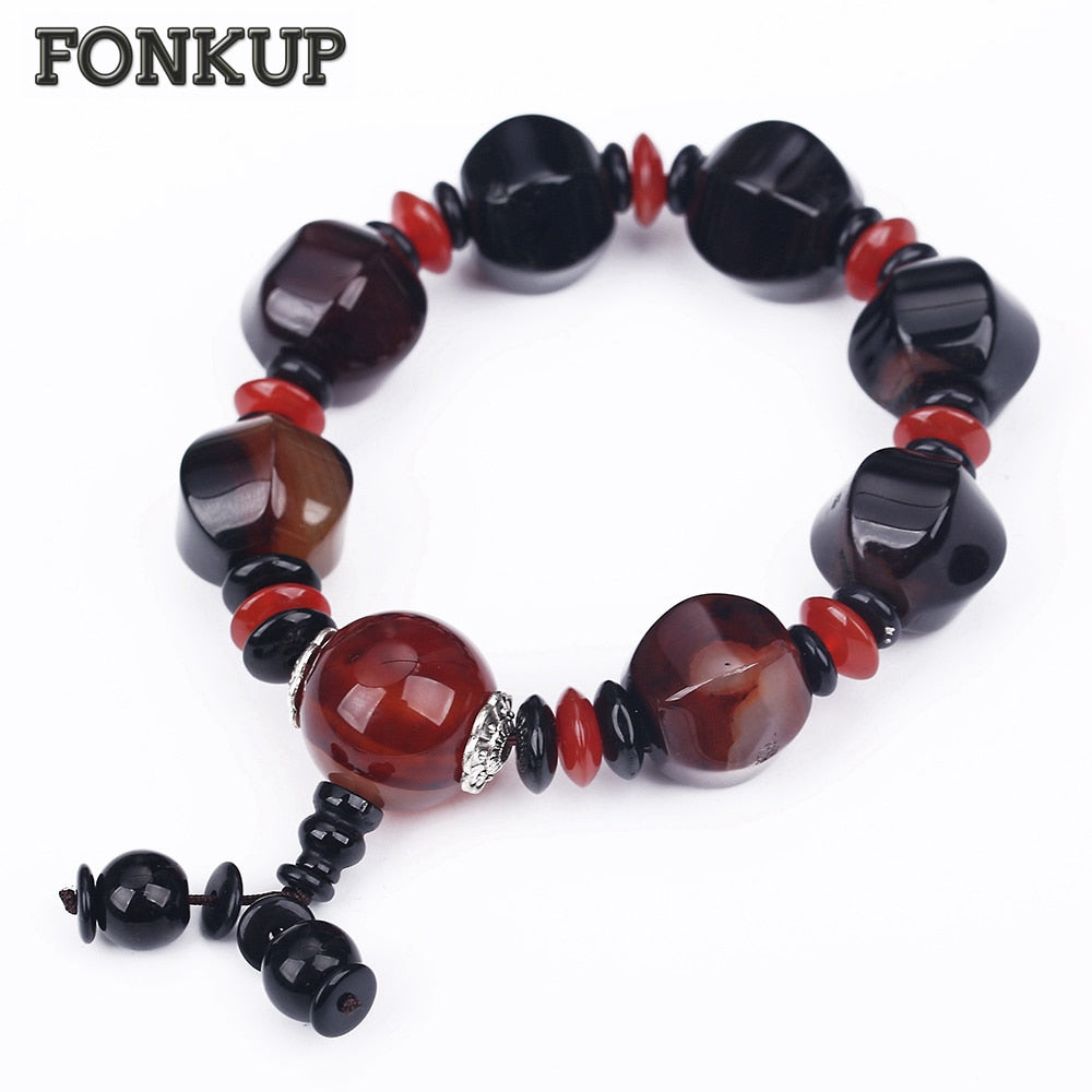 Forkup Punk Men Charm Bracelets Agate Gem Hand Chains Geometric Natural Stone Jewellery Party Beaded Chain Multi-Layer Spacer