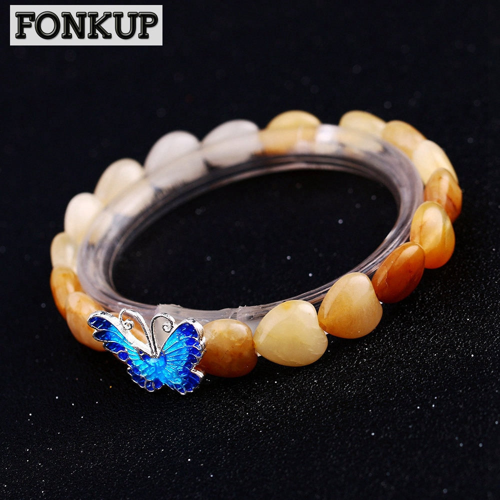 Forkup Quartzite Jade Bracelet Classic Women Bangle Party Heart-Shaped Hand Chain 925 Silver Accessories Butterfly Jewelry Woven