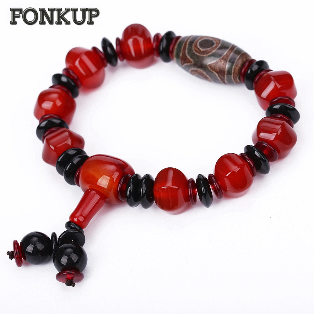 Forkup Red Bead Charm Bracelets Agate Crystal Wristlet Punk Men Geometric Jewelry Dzi Beads Accessories Black Multi-Layer Spacer