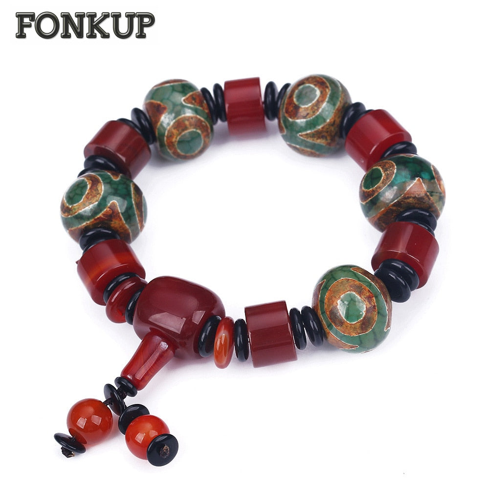 Forkup Red Crystal Bracelets Agate Stone Jewellery Tibetan Dzi Beads Hand Chain Beaded Accessories Hyperbole Male Round Spacer