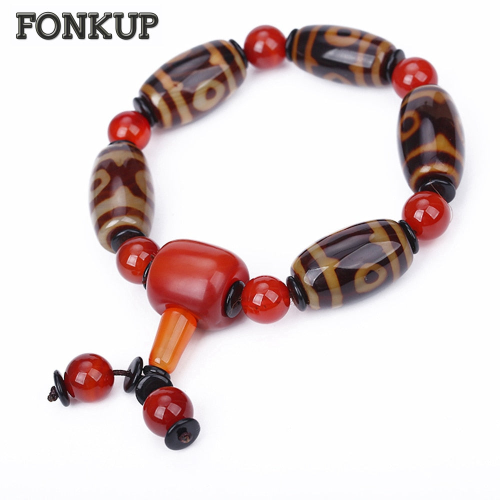 Forkup Tibetan Dzi Bead Bracelet Red Agate Hologram Bangle Religious Men Hand Chain Crystal Bead Jewellery Buddhism Round Bijoux