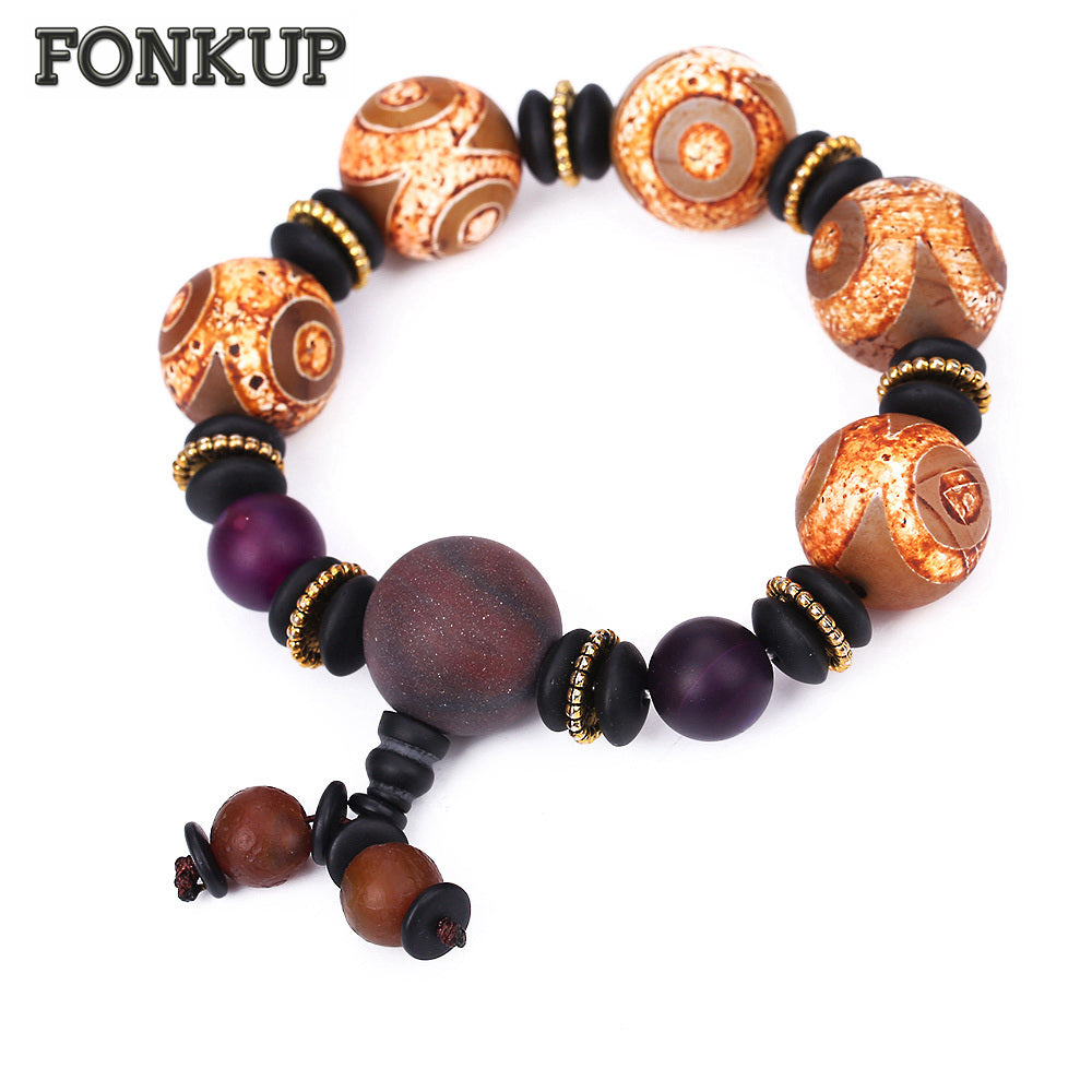 Forkup Tibetan Dzi Bead Chain Bracelets Agate Power Bangle Hyperbole Men Party Jewelry Round Pierre Naturelle Accessories Couple
