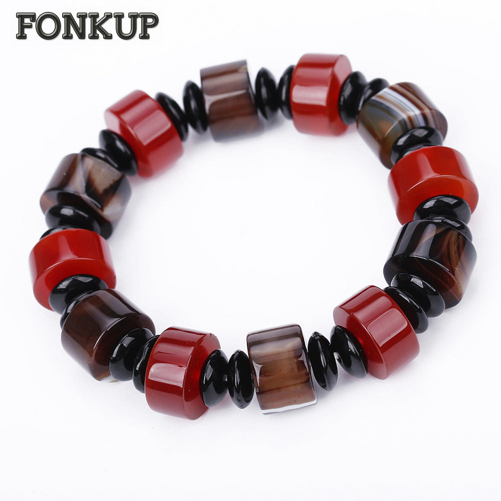 Forkup Vintage Men Pulseira Red Agate Chain Bracelets Geometric Cylinder Wedding Jewellery String Decoration Handmade Heart Rate