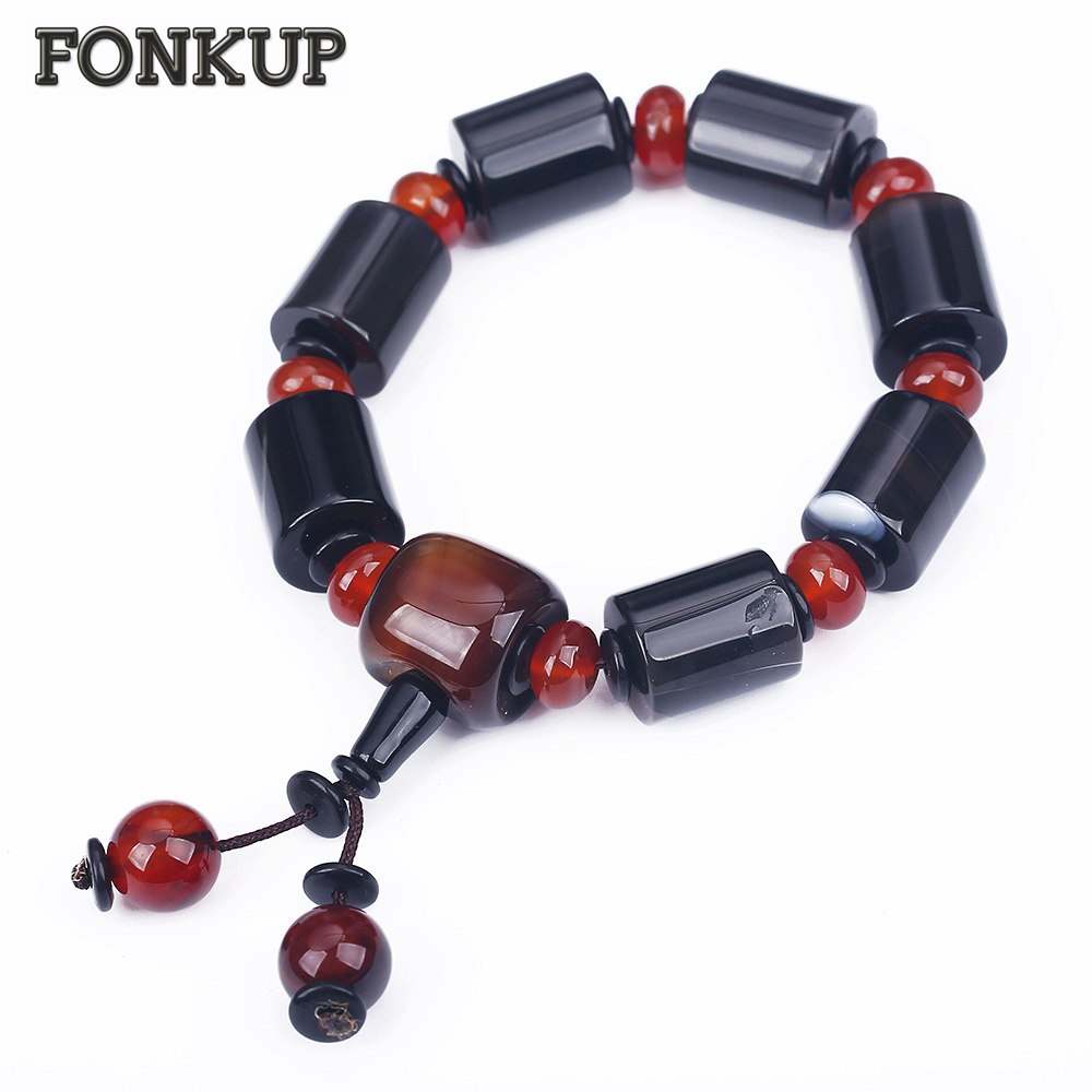 Forkup Vintage Men Strand Bracelets Black Agate Crystal Jewelry Engagement Accessories Cylindrical Hand Chain Beaded Friendship
