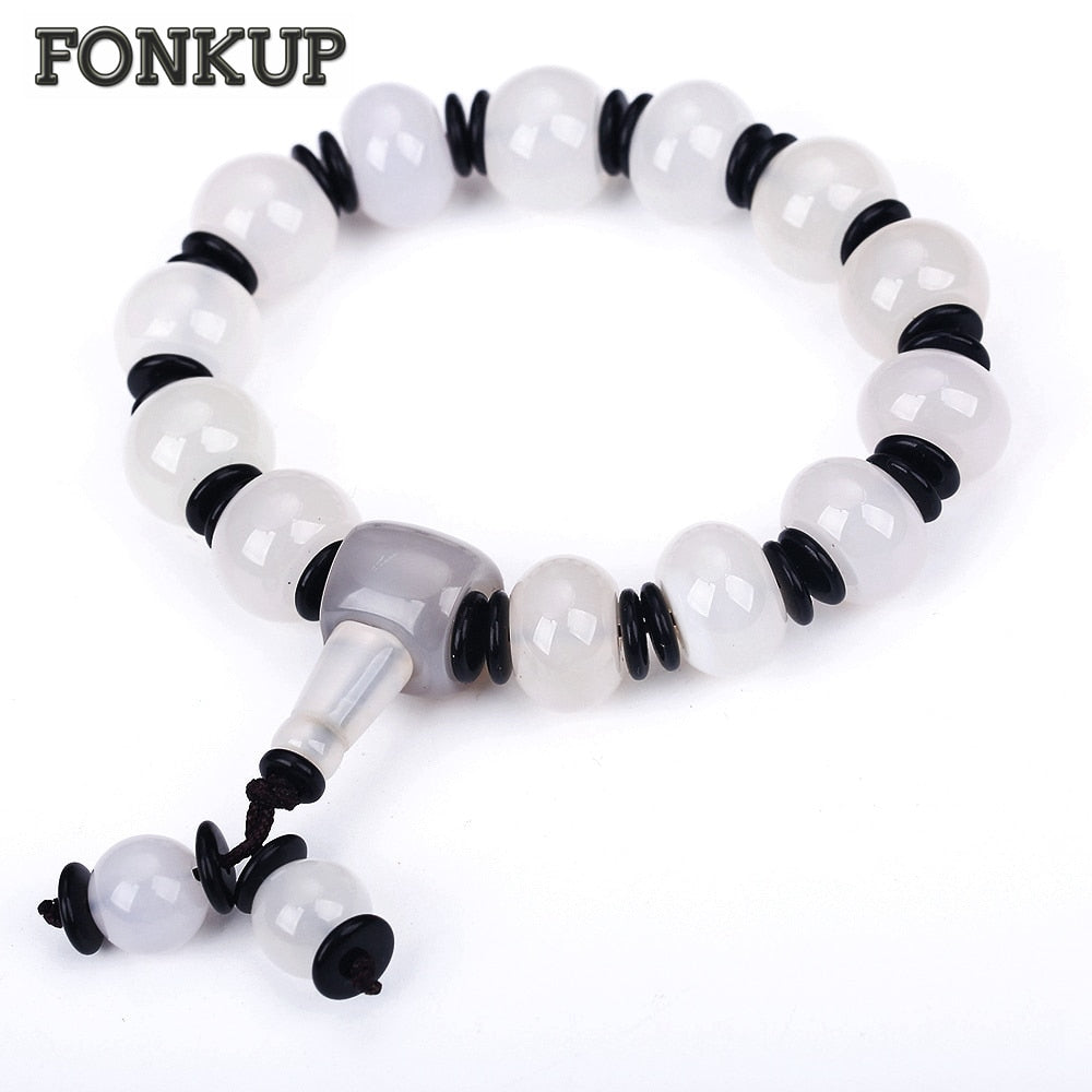 Forkup White Beaded Hand Chain Agate Strand Bracelets Men Engagement Jewelry Solid Color Accessories Punk Round Black Spacer Bag