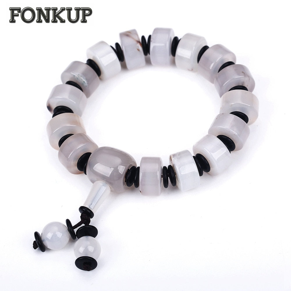 Forkup White Charm Bracelets Classic Men Bangle Agate Jewelry Party Joyeria Round Black Spacer Solid Color Accessories Crown Bag