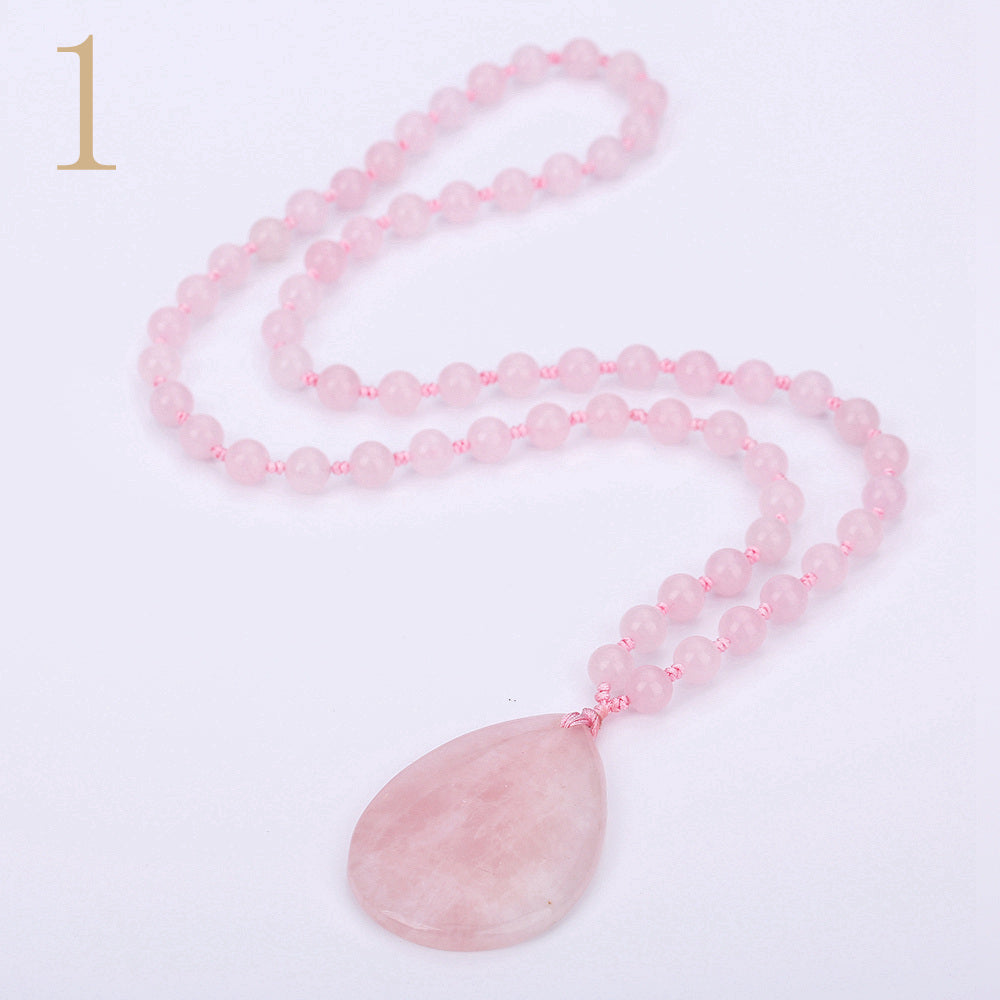 Forkup White Opal Necklace Pendant Bohemia Women Long Sweater Chain Bead Chain Jewelry Transparent Accessories Rose Quartz Reik