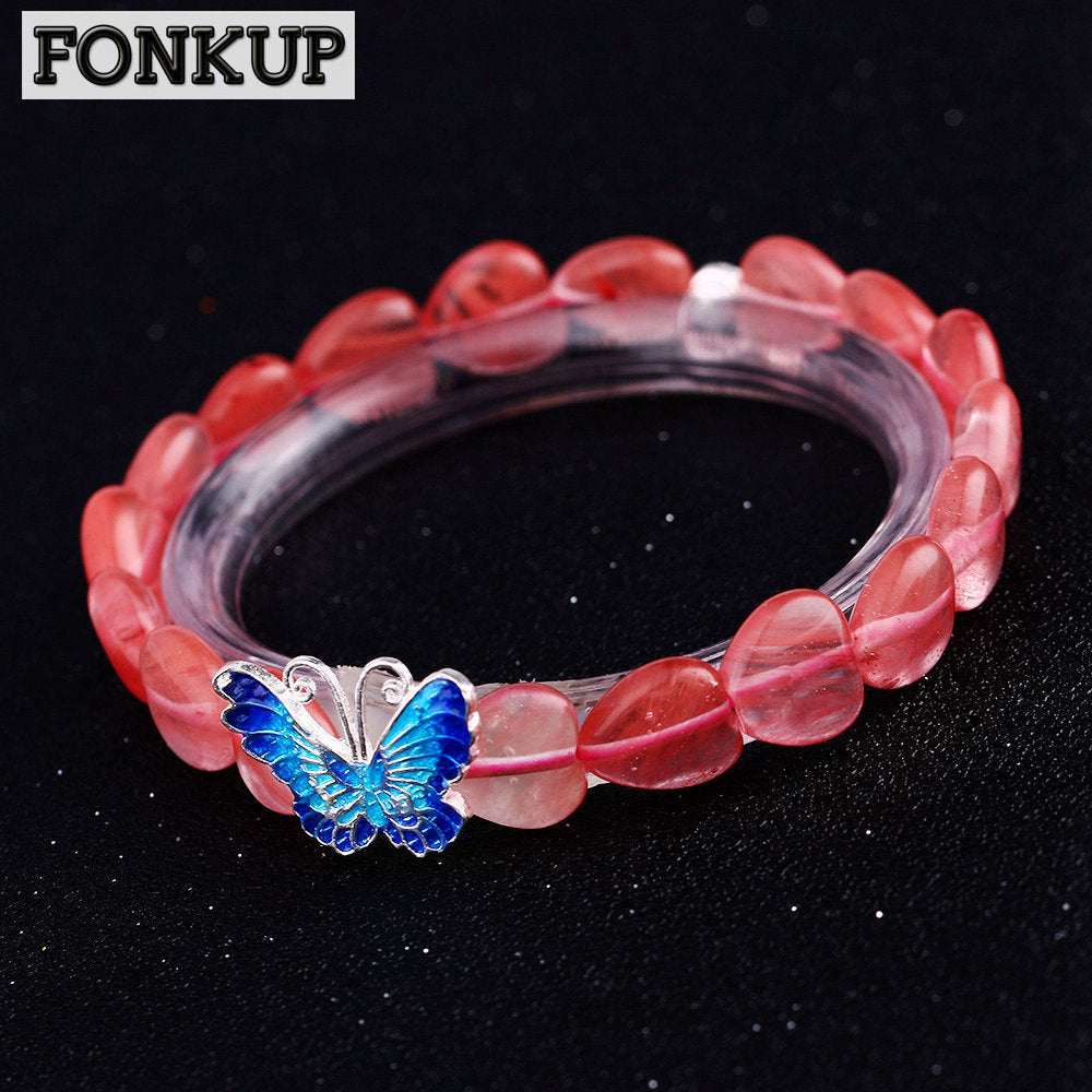 Forkup Women Bracelets Cherry Quartz Wristlet Heart Jewelry Red Crystal Hand Chain Casual Accessories Live Strong Yoga Amulet