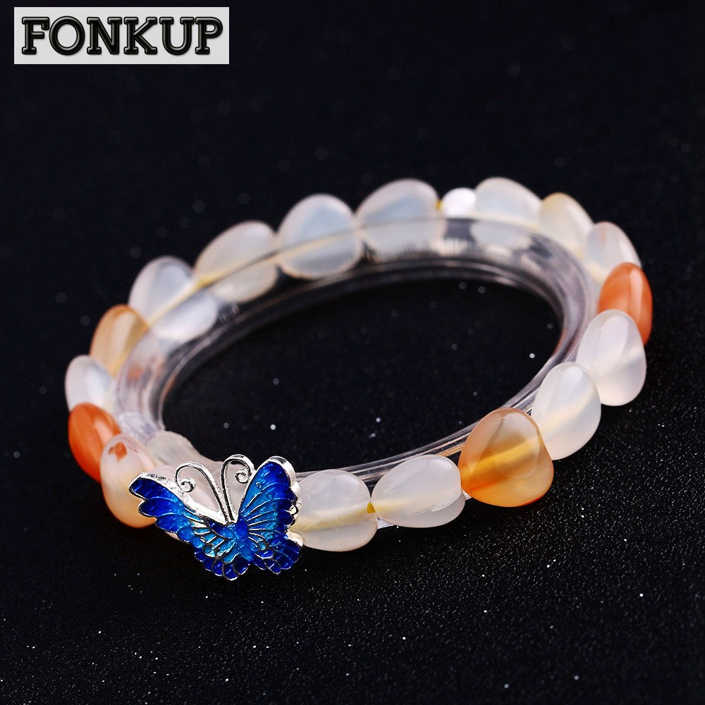 Forkup Women Casual Bracelets Agate Crystal Bangle Heart Engagement Jewelry Beaded Chains Hand Chain 925 Silver Butterfly Bijoux